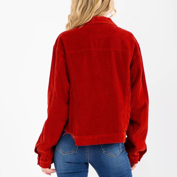 POL Long Sleeve Corduroy Button Down Fringe Shacket Rust  New - Picture 2 of 12